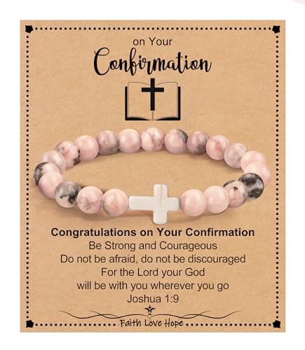 Cross Bracelets for Women, Christian Gifts for Women Stocking Stuffers for Teens Cross Bracelet Imperial Nature Stone Bead Bracelet Confirmation Baptism Gift for Teen Girls Christmas Religious Gift Cathlic Faith Jewelry - color: Pink