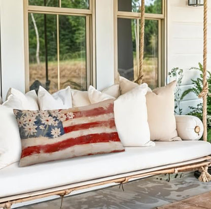 American Flag Floral Patriotic Pillow Covers 12x20 Inch - color: White-flower