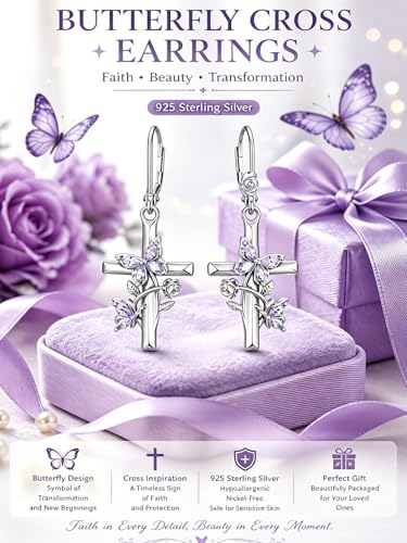 Butterfly Earrings for Women 925 Sterling Silver Birthstone Butterfly Cross Rose Dangle Earrings Elegant Butterfly's Jewelry Gift for Birthday Valentines Day Christmas - color: 3-March