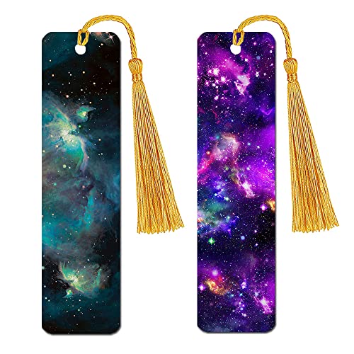 WIRESTER Set of 2 Metal Bookmarks with Light Gold Tassel for Students, Reader, Teachers, Book Lovers - Blue Sky Galaxy Nebula, Purple Nebula Galaxy - color: Blue Sky Galaxy Nebula, Purple Nebula Galaxy