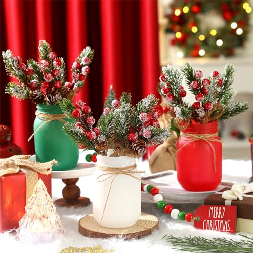 Karenhi 16 Pcs Christmas Mason Jar Centerpieces Pine Berries,Pine Needles