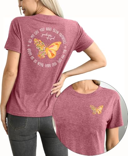Christian Shirt for Women :Butterfly Graphic Shirts Bible Verse Tshirt Good Ness of God Tee Tops - color: Pink, size: Medium