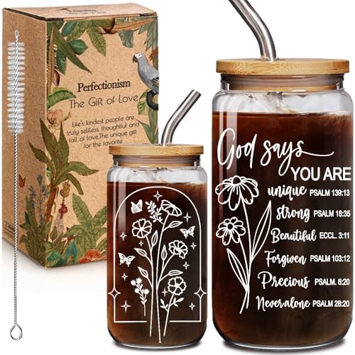God Says You Are Glass with Bamboo Lid and Straw, Christian Bible Verse Floral Bible Verse Christmas Gift for Women, Inspirational Floral Christian Religious Gifts for Friend Bestie Mom Wife 16OZ