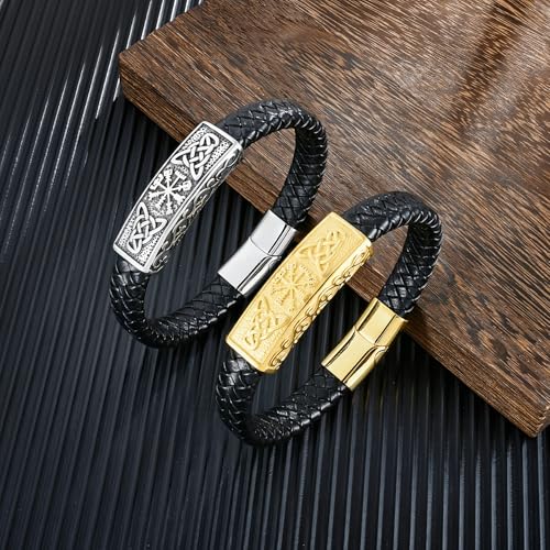 YL Mens Cross Viking Celtic Ankh Odin Compass Life Tree Leather Bracelet, 18K Gold/Black Rhodium Stainless Steel Christian Religious Protection Talisman Brown Cuff Handcrafted Jewelry Gifts - color: 18K White Gold-Celtic Compass, size: 8.3"(210mm)