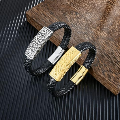 YL Mens Cross Viking Celtic Ankh Odin Compass Life Tree Leather Bracelet, 18K Gold/Black Rhodium Stainless Steel Christian Religious Protection Talisman Brown Cuff Handcrafted Jewelry Gifts - color: 18K White Gold-Celtic Compass, size: 8.3"(210mm)
