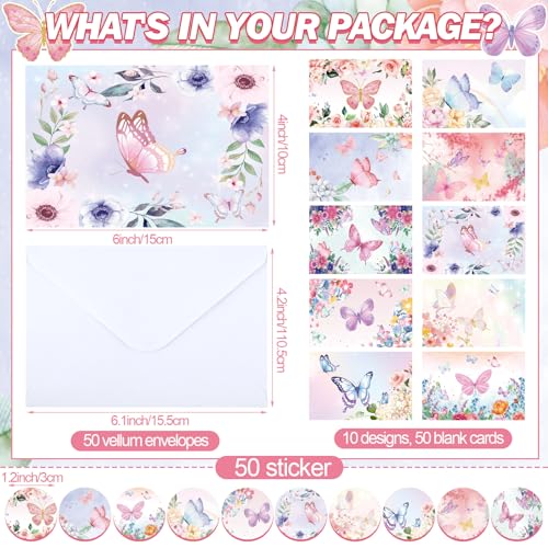 Motiskyy 50 Pcs Blank Greeting Cards 4x6, Blank Cards with Envelopes, 10 Designs, Ideal Stationary Set for All Occasions, Stationary with Matching White Envelope and Sticker(Butterfly) - style: Butterfly