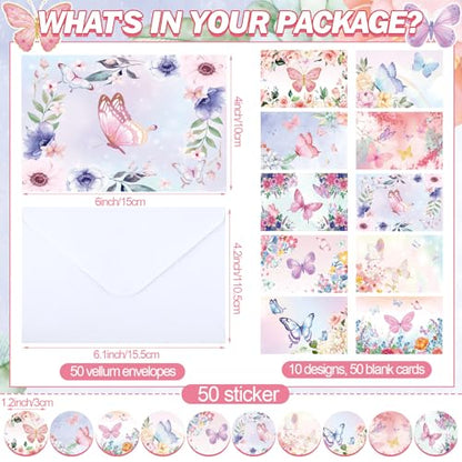 Motiskyy 50 Pcs Blank Greeting Cards 4x6, Blank Cards with Envelopes, 10 Designs, Ideal Stationary Set for All Occasions, Stationary with Matching White Envelope and Sticker(Butterfly) - style: Butterfly