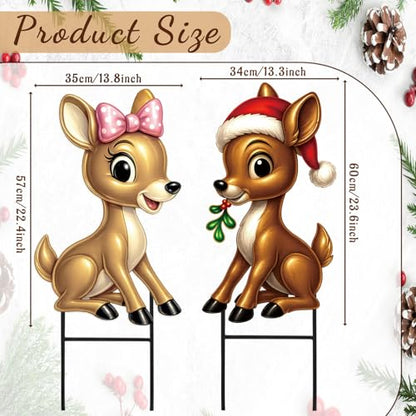 Moxweyeni 2 Pcs Outdoor Reindeer Christmas Decoration Cute Deer Sign Large Metal Reindeer Yard Sign with Stakes Christmas Farmhouse Deer Figurines for Lawn Garden Holiday Display - style: Cute Reindeer