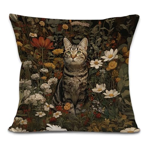 Vintage Floral Tabby Cat Throw Pillow Cover, Cat Lovers Gifts, Dark Cottagecore Flower Kitten Decorative Pillowcases Cushion Cases for Home Bedroom Living Room Decor, 18x18 Pillow Covers - color: Animal_14