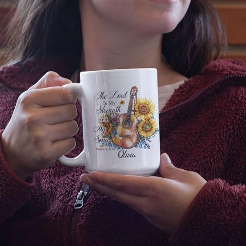 Religious Cup, Sunflowers And Guitar Design Mug, Personalized Name Christian Coffee Cup, Custom Bible Verse Mug 11oz 15oz, Customized Christian Themed Ceramic Cup, Gift For Friend Coworker - color: HOA-624-2165-MY STRENGTH AND SONG MUG