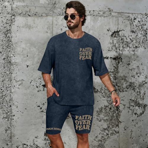 Men's Christian Shirt and Shorts Set Oversized Faith Over Fear T Shirt Washed Religious Bible Verse 2 Piece Outfits - color: Denim Blue, size: Small