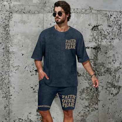 Men's Christian Shirt and Shorts Set Oversized Faith Over Fear T Shirt Washed Religious Bible Verse 2 Piece Outfits - color: Denim Blue, size: X-Large