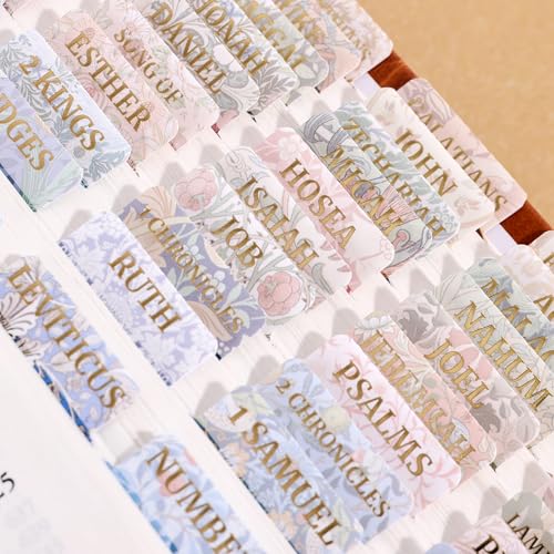 Bible Tabs, 105 Morris Garden Theme Laminated Large Print Index Tabs Kit for Women & Men, 66 Pre-Printed for Old & New Testament + 39 Blank for DIY, with Alignment Ruler, Easy to Apply & Organize - style: Gold Foil Morris