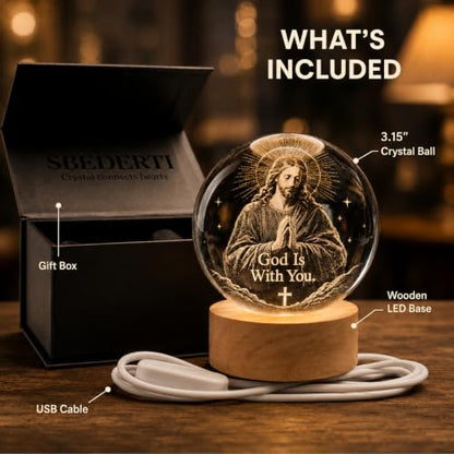 3D God is with You K9 Crystal Ball Night Light, Christian LED Gift - size: 3.15 inches