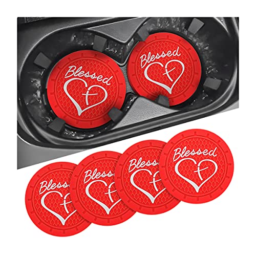 AICEL 4 Pack Car Cup Coasters, 2.75 Inch Soft PVC Car Cup Holder Insert Coaster, Blessed Cross and Heart Christian Anti Slip Shockproof Drink Mat, Universal Vehicle Interior Accessories (Red) - color: Red