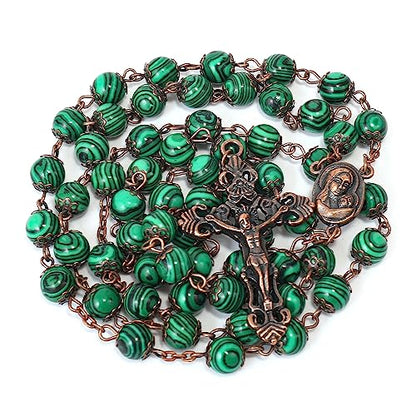 Nazareth Store Natural Stone Beads 8mm Rosary Necklace Antique Copper Design Holy Soil Medal & Cross in Velvet Bag - Catholic Rosaries Terra Santa Jerusalem Collection - color: Malachite