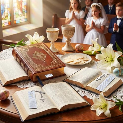 Gueevin 12 Pcs Metal First Communion Gifts 1st Favors Bible Verse Bookmarks with Cross Tassels Christian Religious Bookmarks Bulk with Scripture for Him or Her Book Lover Gift(First Communion) - style: First Communion