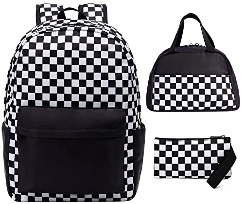 UREYMX Checkered Backpack - School Backpack for Kids, Large Capacity, Waterproof, Lightweight, Black - color: 3 in 1 Black and White Plaid