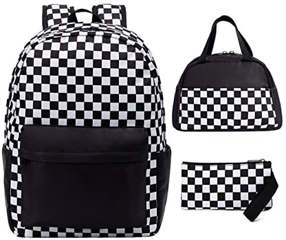 UREYMX Checkered Backpack - School Backpack for Kids, Large Capacity, Waterproof, Lightweight, Black - color: 3 in 1 Black and White Plaid