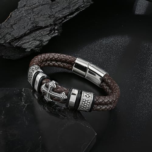 Mens Christian Cross Double Row Leather Bracelet, Religious Braided Cuff Bracelet for Men - color: Brown, size: 8.5 inches