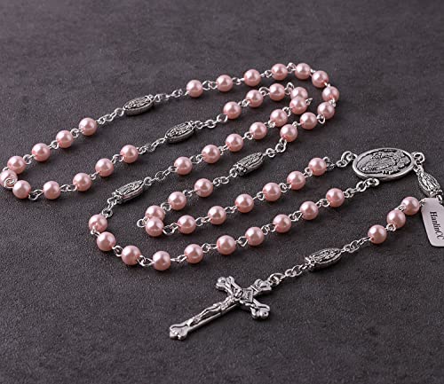 HanlinCC Guadalupe Catholic Rosary Glass Pearl Beads Necklace with Gift Box - color: Guadalupe Rosary Pink