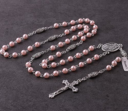 HanlinCC Guadalupe Catholic Rosary Glass Pearl Beads Necklace with Gift Box - color: Guadalupe Rosary Pink