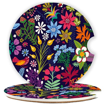 Ceramic Car Cup Holder Coasters Set of 2, 2.56 in Tropical Flowers - color: Colorful Tropical Flowers