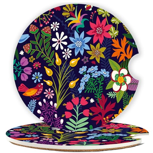 Ceramic Car Cup Holder Coasters Set of 2, 2.56 in Tropical Flowers - color: Colorful Tropical Flowers