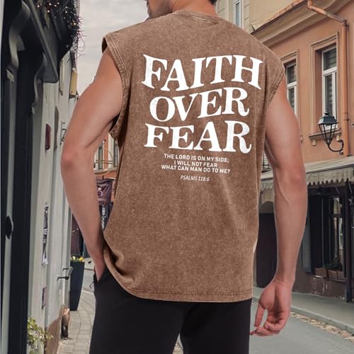 Mens Christian Sleeveless Shirts Faith Over Fear Graphic Tank Tops Gym Workout Acid Wash Tanks Cut Off Muscle Shirt - color: Coffee, size: Large