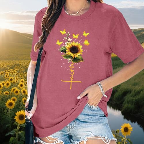 Womens Christian Shirts Faith Cross Sunflower Butterfly T-Shirt Bible Verse Religious Tee Tops - color: Pink, size: XX-Large
