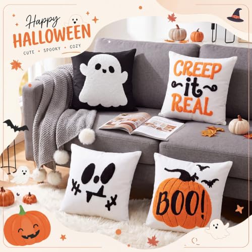 Mixweer 4 Pcs Halloween Pillow Covers Set, 18 x 18 Inch Embroidered Pumpkin Ghost Spooky Pillow Cases, Square Throw Cushion Cover, Fun Halloween Decor for Couch Sofa Bed Home - style: Halloween