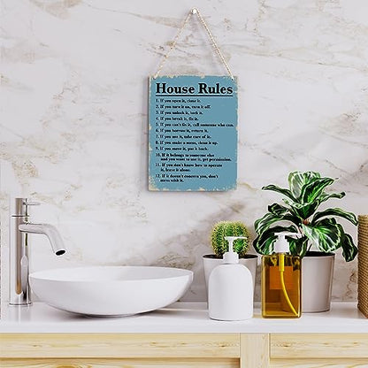 House Rules Wooden Hanging Sign, Farmhouse Living Room Home Decor Wall Art, Inspirational Family Quote, 8 x 10 Inches - color: House Rules