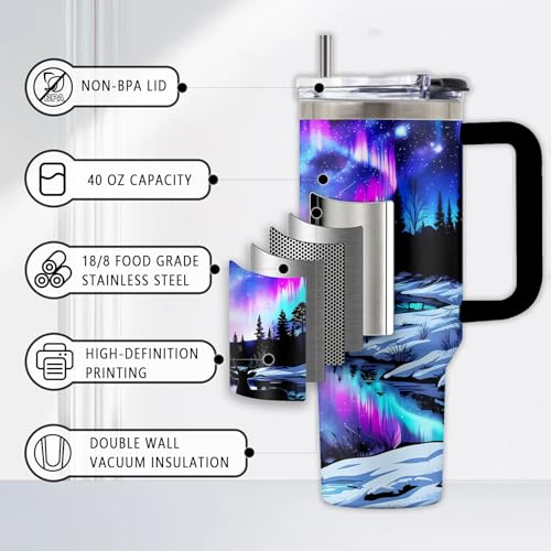 Aurora 40oz Tumbler, with Handle Straw, Funny Stainless Steel Mug - color: Aurora