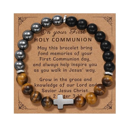 Cross Bracelet Gifts for Boys Girls, Baptism Communion Confirmation Birthday Christmas Valentines Graduation Gifts for Son Grandson Nephew Brother Niece - color: First Communion