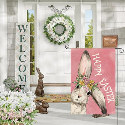AVOIN colorlife Pink Happy Easter Bunny Garden Flag 12x18 Inch Outside - color: Pink, size: Garden Size-12 x 18"