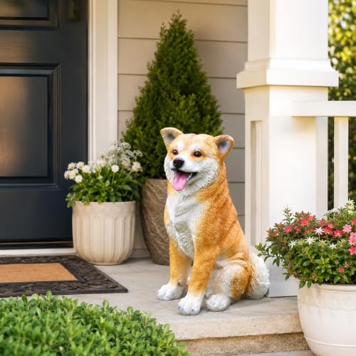 Realistic Shiba Inu Dog Garden Statue, Finely Sculpted Lifelike Tan and White Sitting Dog Figurine, Weather-Resistant Outdoor Sculpture for Yard, Lawn and Pet Memorial Gift - color: Shiba Inu Happy Sitting