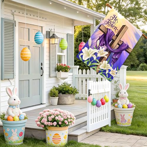 He is Risen Easter Christian House Flags 28x40 Double Sided Burlap, Religious Cross Spring Lily Flower Sign Large Flag Farmhouse Yard Outdoor Decoration DF701-28 - size: 28" X 40"