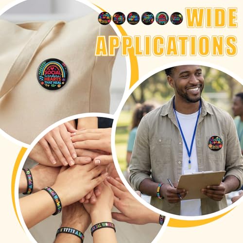 Kenning 100 Pcs Social Work Month Appreciation Gifts Set Includes 50 Social Work Rubber Bracelets Silicone Wristbands and 50 Button Pins Badges for Worker Volunteer Coworker Appreciation