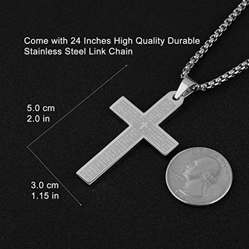 HZMAN Stainless Steel Cross Necklace for Men Women Lord's Prayer Pendant - color: Silver