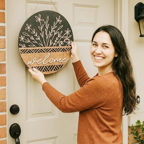 3D Round Wooden Welcome Sign Rustic Front Door Floral Porch Outdoor x2 - color: 2 Brown