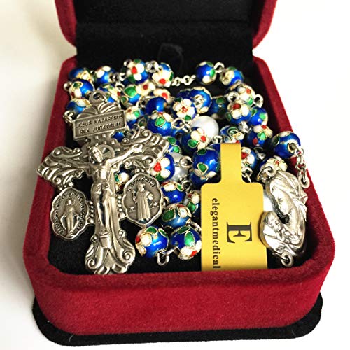 elegantmedical Handmade NICE Blue CLOISONNE & 10mm Pearl BEADS ROSARY NECKLACE Italy Parden cross Crucifix Catholic gift