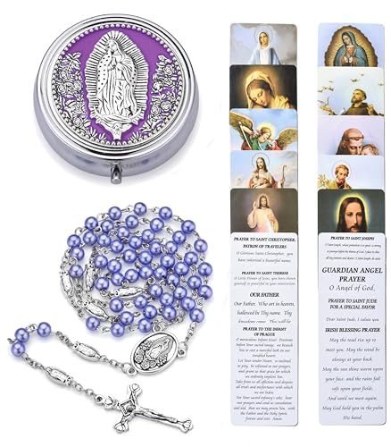 Guadalupe Rosary Beads for Women with Metal Box and 18pcs Holy - color: Purple
