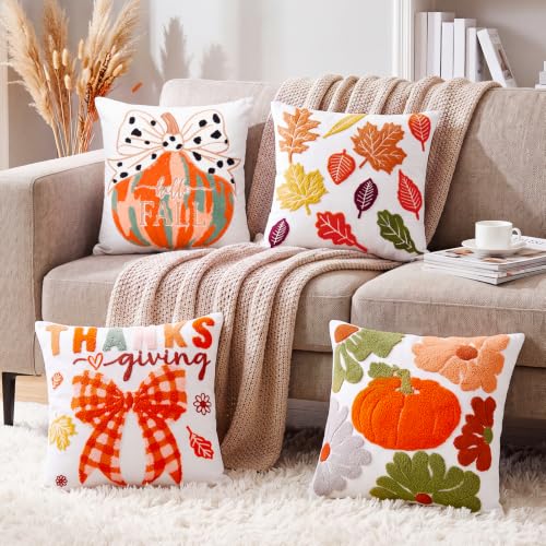Mixweer 4 Pcs Fall Pillow Covers Set, 18 x 18 Inch Embroidered Autumn Throw Pillow Cases, Harvest Thanksgiving Square Throw Cushion Cover for Couch Sofa Bed Home Decoration - style: Fall