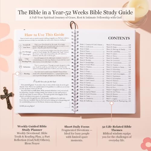 Spiral Bible in a Year 52-Week Bible Study Guide Journal for Women Beginner - color: Pink Floral Bible in a Year (Thematic Devotional)