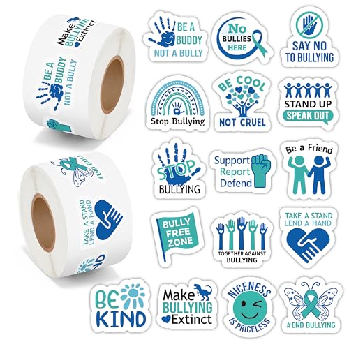 BeYumi Anti Bullying Awareness Stickers - 1000Pcs Stop Bullying Awareness Stickers in 2 Rolls Kindness Protection Waterproof Vinyl Blue Decals for School Event Campaign Laptop Bottle Decor Kids Teens - style: Anti Bullying Awareness
