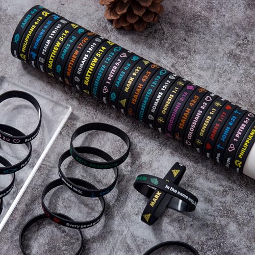Religious Silicone Wristbands Bulk Bible Rubber Bracelets Colorful Inspirational Christian Bracelets for Men Women Gifts - color: Black
