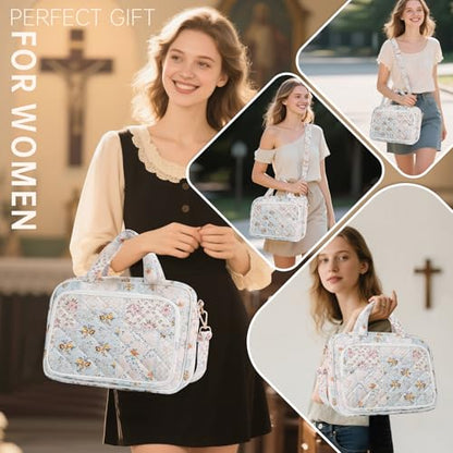 Bible Cover Case for Women Bible Study Supplies Christian Gifts for Women Church Camp Essentials Christian Bible Journaling Kit Quilted Large Bible Cover with Durable Handle (Spliced Flower, Large) - color: Spliced Flower