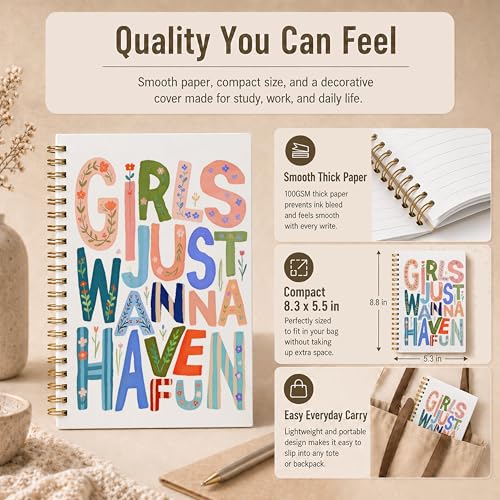 Colorful Boho Floral Spiral Notebook for Girls, Positive Affirmation Girls Just Wanna Have Fun Journal, Preppy Girly Hardcover Lined Notebook Journal, 5.5x8.3 Inch - color: pattern-1