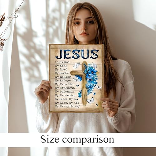 Framed Christian Wall Art Canvas Prints, My God Jesus Inspirational Quote Decor, Vintage Cross Floral Pictures Artwork, Rustic Faith Bible Verse Wall Decor for Living Room Bedroom – 16X24in - color: Jesus B, size: 24"L x 16"W