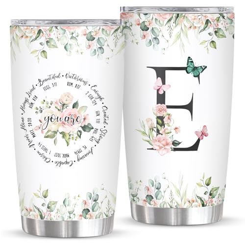 Personalized Initial E Tumbler 20oz, Monogrammed Gift for Women Birthday Mothers Day Religious Gift, Personalized Christian Gift for Women Initial Coffee Mug - style: Initial E cup